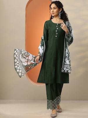 green and white round neck beads and stones straight kurta with trouser & dupatta 1