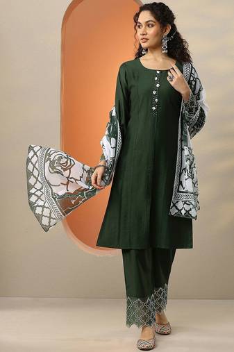 green and white round neck beads and stones straight kurta with trouser & dupatta