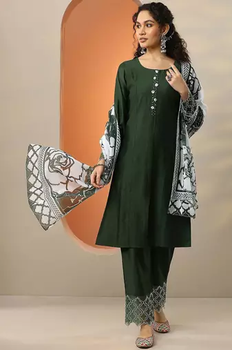 green and white round neck beads and stones straight kurta with trouser & dupatta
