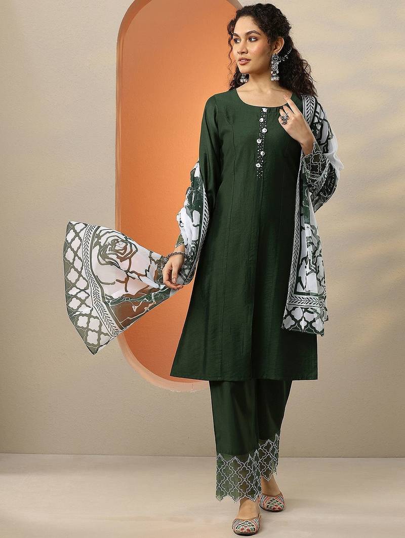 green and white round neck beads and stones straight kurta with trouser & dupatta
