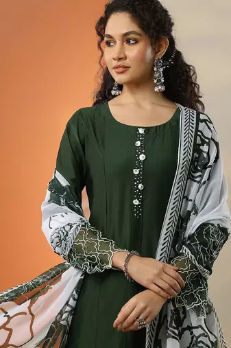 green and white round neck beads and stones straight kurta with trouser & dupatta