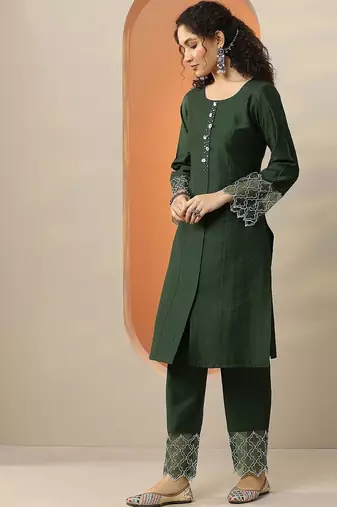 green and white round neck beads and stones straight kurta with trouser & dupatta