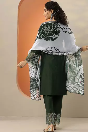 green and white round neck beads and stones straight kurta with trouser & dupatta