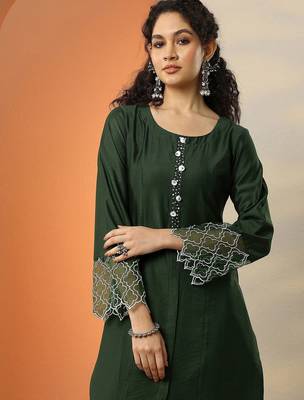 green and white round neck beads and stones straight kurta with trouser & dupatta 5