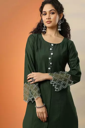 green and white round neck beads and stones straight kurta with trouser & dupatta