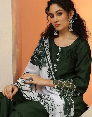 green and white round neck beads and stones straight kurta with trouser & dupatta 6