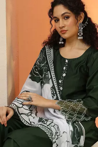 green and white round neck beads and stones straight kurta with trouser & dupatta