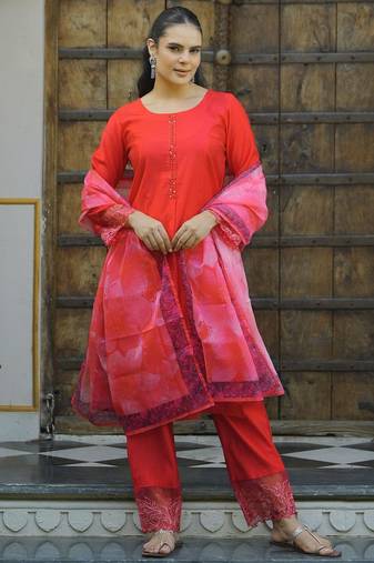 yoke design thread work straight kurta with trousers & dupatta