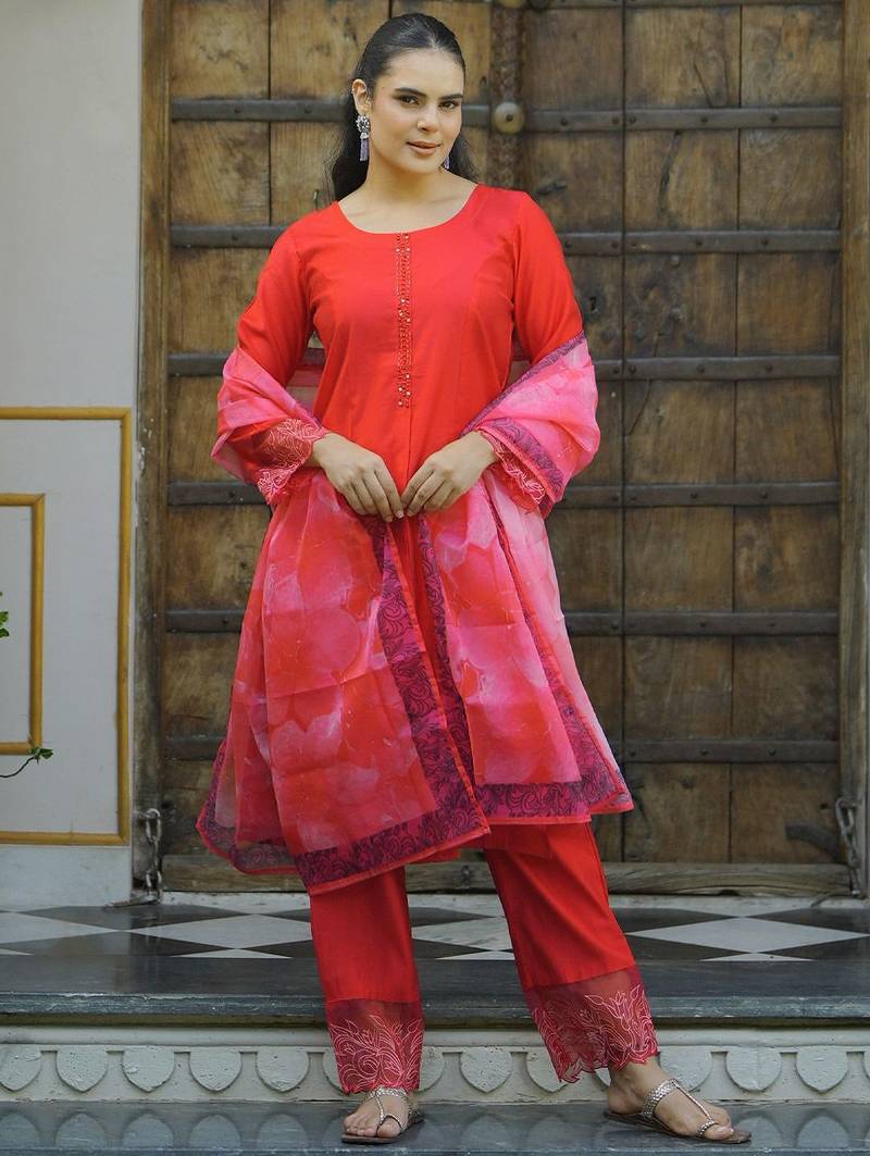 yoke design thread work straight kurta with trousers & dupatta