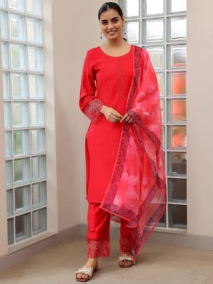 yoke design thread work straight kurta with trousers & dupatta 2