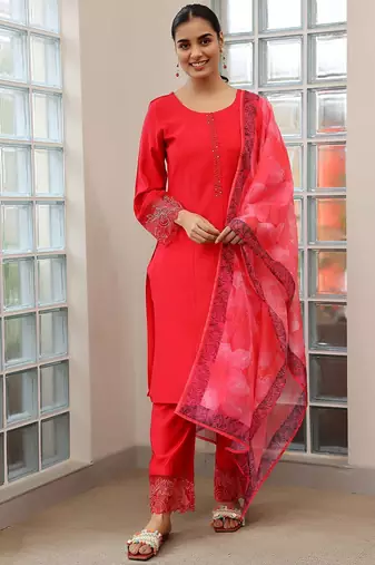 yoke design thread work straight kurta with trousers & dupatta