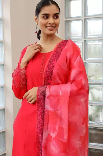 yoke design thread work straight kurta with trousers & dupatta