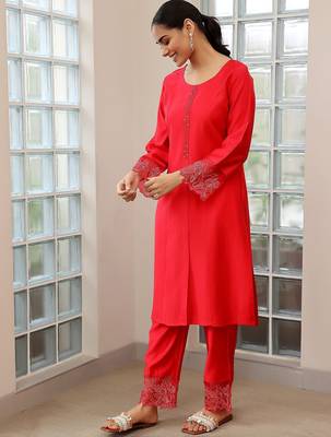 yoke design thread work straight kurta with trousers & dupatta 4