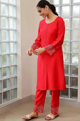 yoke design thread work straight kurta with trousers & dupatta