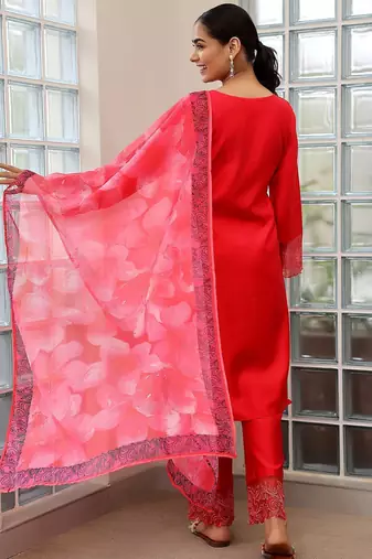 yoke design thread work straight kurta with trousers & dupatta