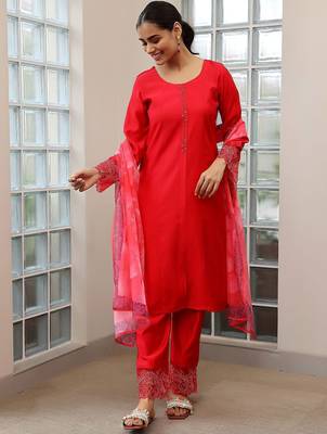 yoke design thread work straight kurta with trousers & dupatta 6