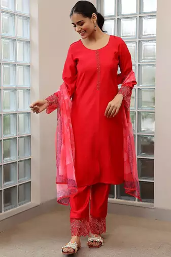 yoke design thread work straight kurta with trousers & dupatta