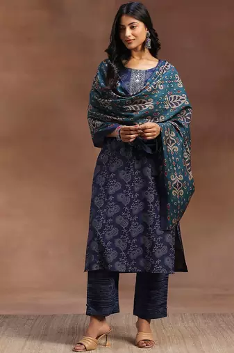 blue floral embroidered zari kurta with trousers & dupatta