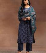 blue floral embroidered zari kurta with trousers & dupatta