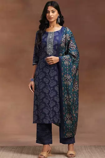 blue floral embroidered zari kurta with trousers & dupatta