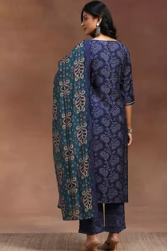 blue floral embroidered zari kurta with trousers & dupatta