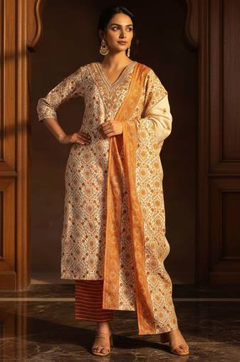 ethnic motifs printed kurta with trousers & dupatta