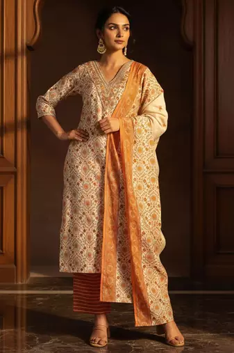 ethnic motifs printed kurta with trousers & dupatta
