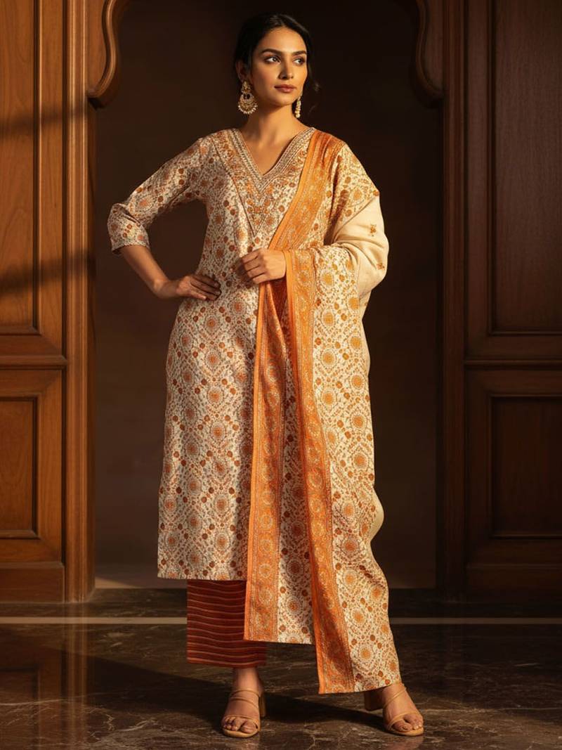 ethnic motifs printed kurta with trousers & dupatta