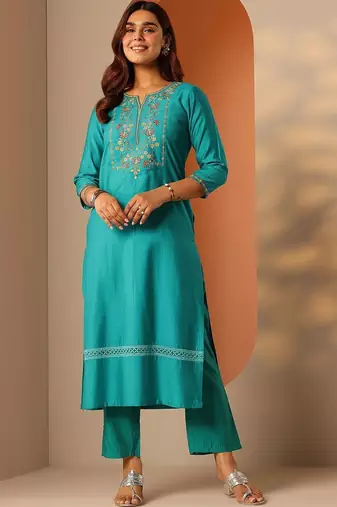 women ethnic motifs embroidered regular thread work kurta with trousers