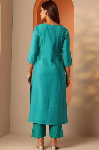 women ethnic motifs embroidered regular thread work kurta with trousers