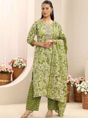 libas green floral printed straight suit set with dupatta 1