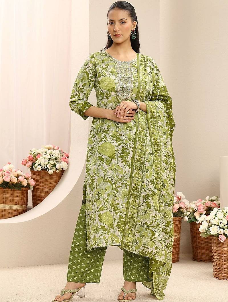 libas green floral printed straight suit set with dupatta