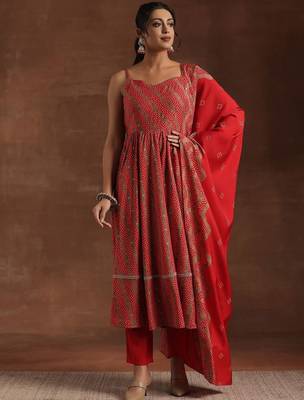 womens red printed anarkali kurta with trousers & dupatta 1