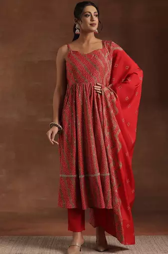 womens red printed anarkali kurta with trousers & dupatta