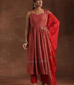 womens red printed anarkali kurta with trousers & dupatta