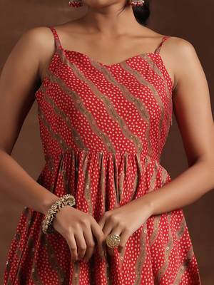 womens red printed anarkali kurta with trousers & dupatta 2