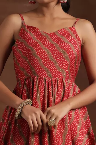 womens red printed anarkali kurta with trousers & dupatta