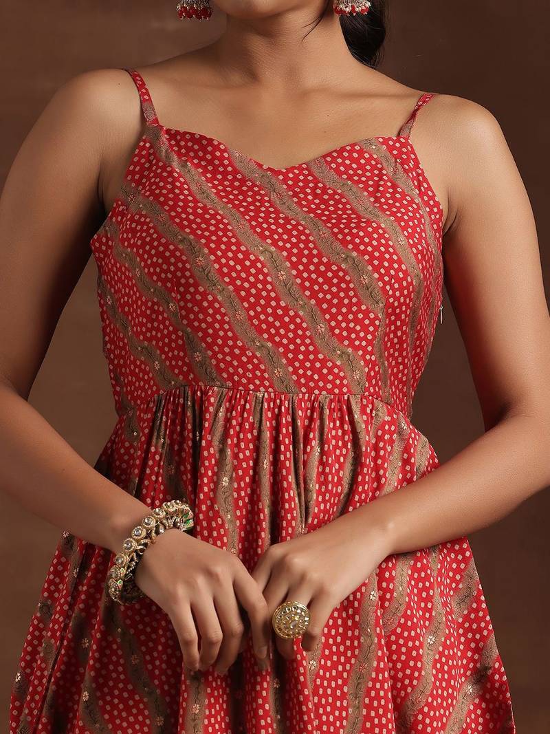 womens red printed anarkali kurta with trousers & dupatta