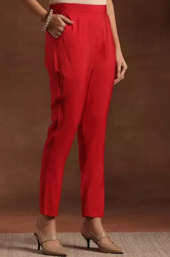 womens red printed anarkali kurta with trousers & dupatta