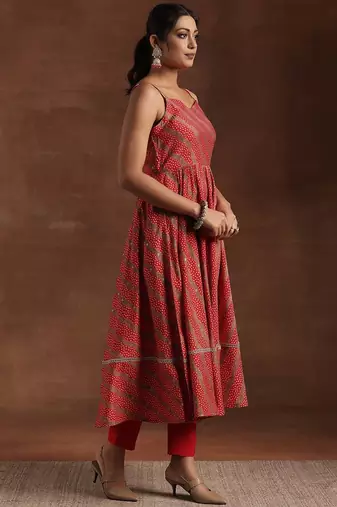 womens red printed anarkali kurta with trousers & dupatta