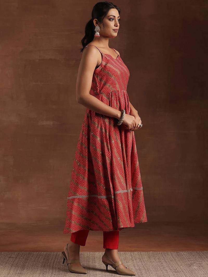 womens red printed anarkali kurta with trousers & dupatta
