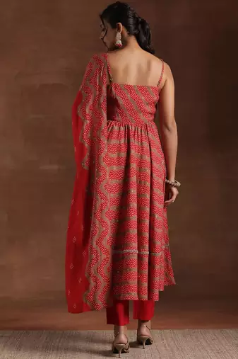 womens red printed anarkali kurta with trousers & dupatta