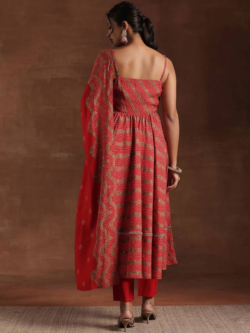 womens red printed anarkali kurta with trousers & dupatta