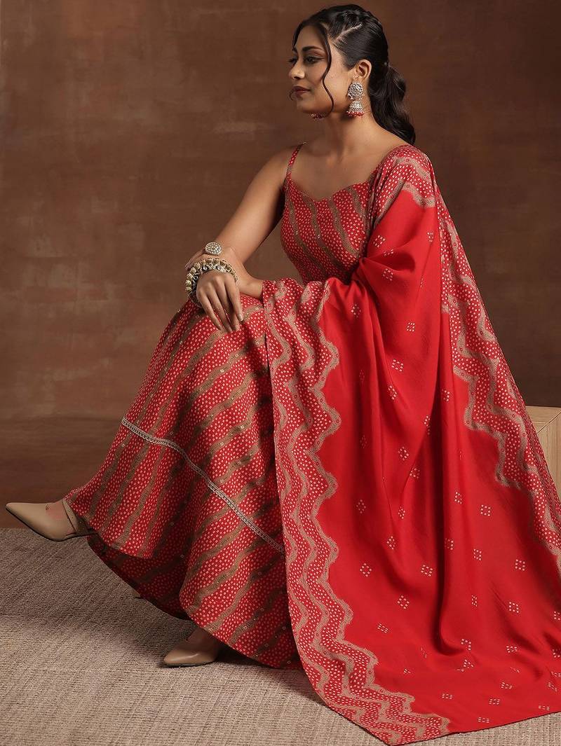 womens red printed anarkali kurta with trousers & dupatta