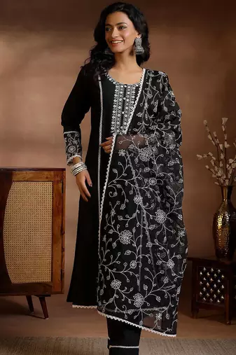 floral yoke design panelled sequinned kurta with trousers & dupatta