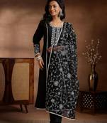floral yoke design panelled sequinned kurta with trousers & dupatta