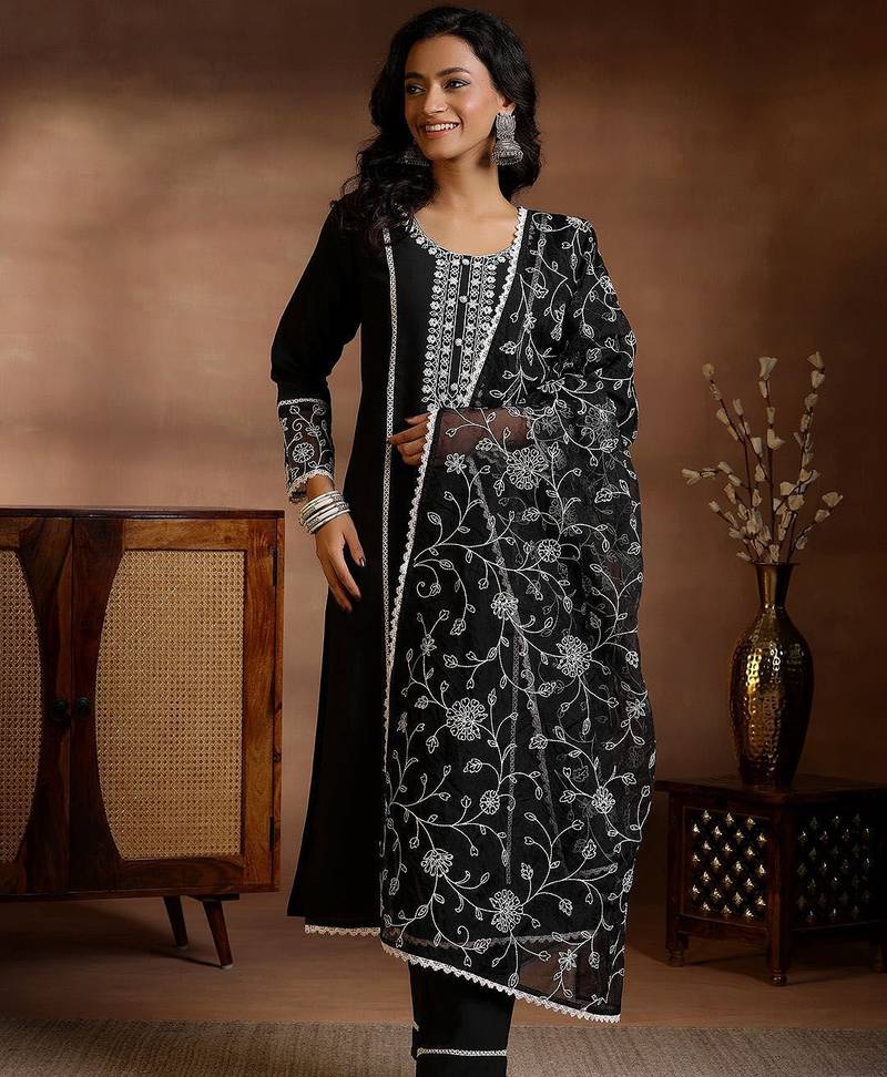 floral yoke design panelled sequinned kurta with trousers & dupatta