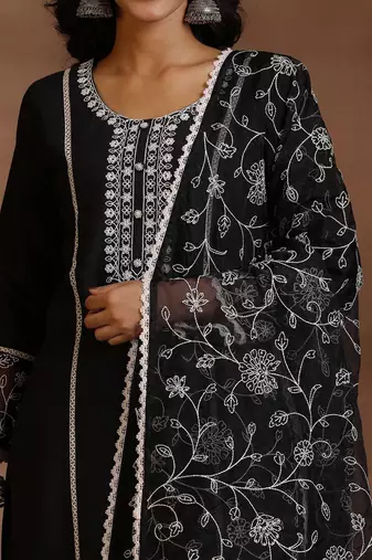 floral yoke design panelled sequinned kurta with trousers & dupatta