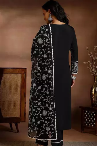 floral yoke design panelled sequinned kurta with trousers & dupatta