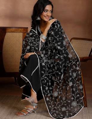 floral yoke design panelled sequinned kurta with trousers & dupatta 5